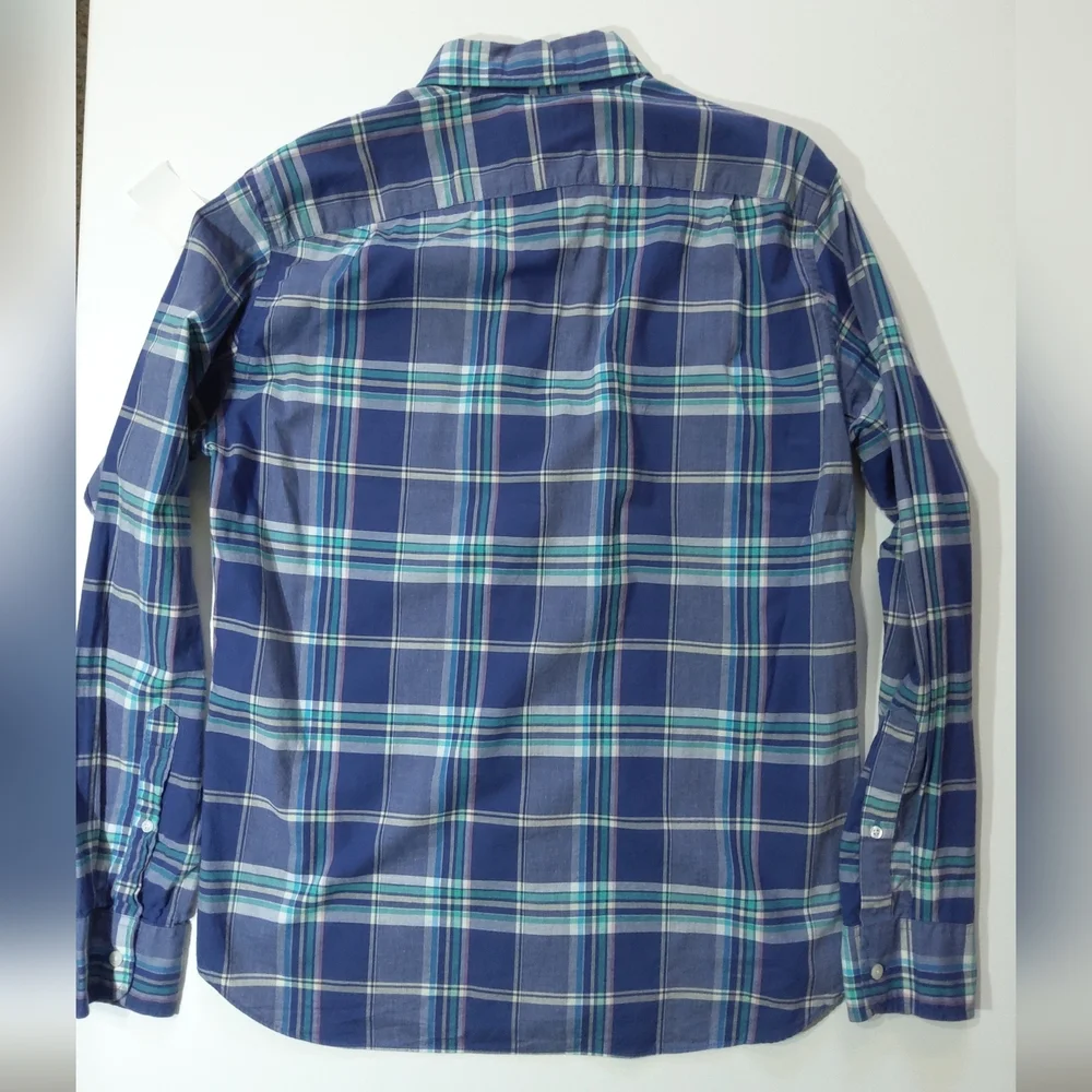 J.Crew Mens Button Down Medium Blue Green Summer Plaid‎ Slim Fit Preppy Casual